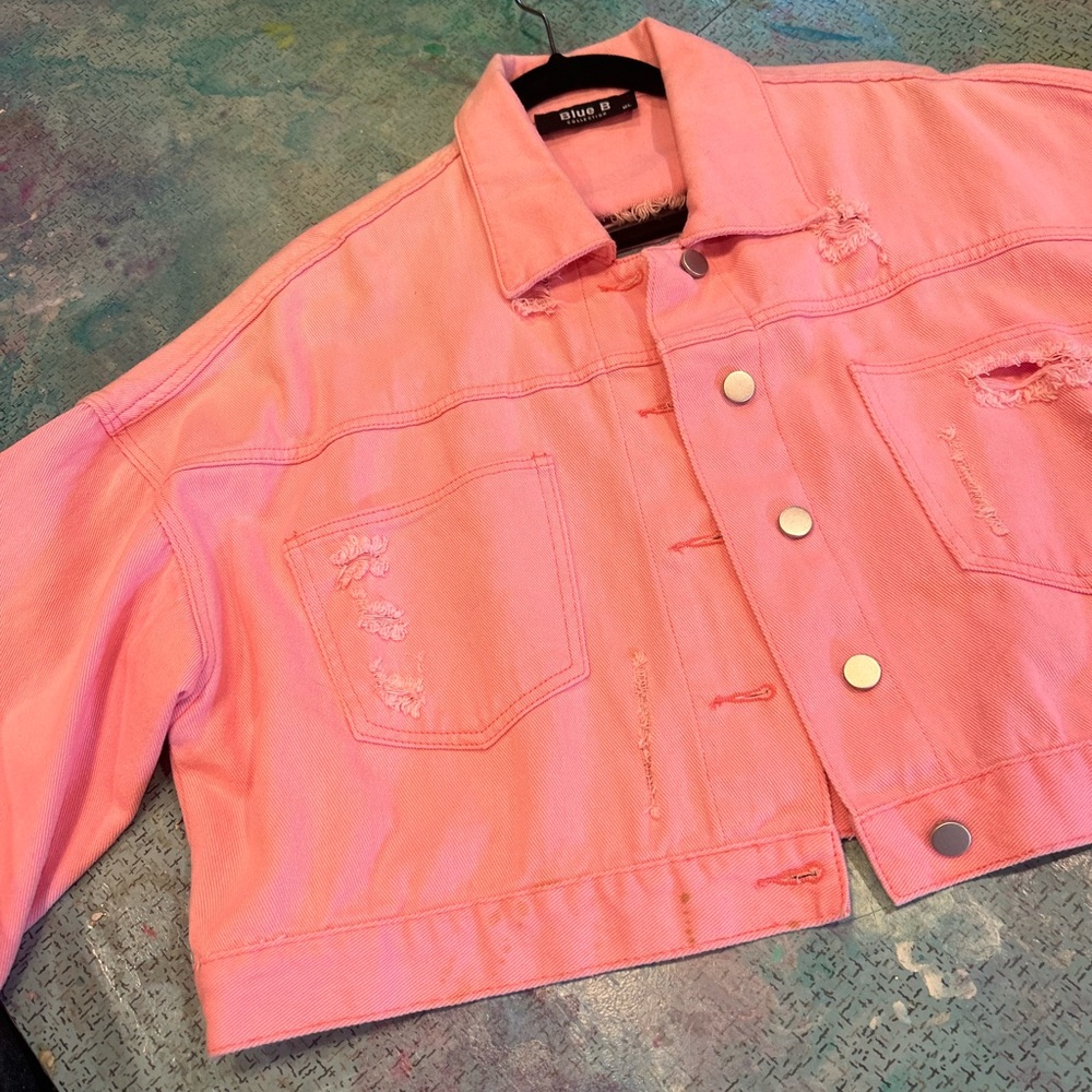 Pink Diamond Fringe Distressed Denim Jacket - Picture 6 of 16